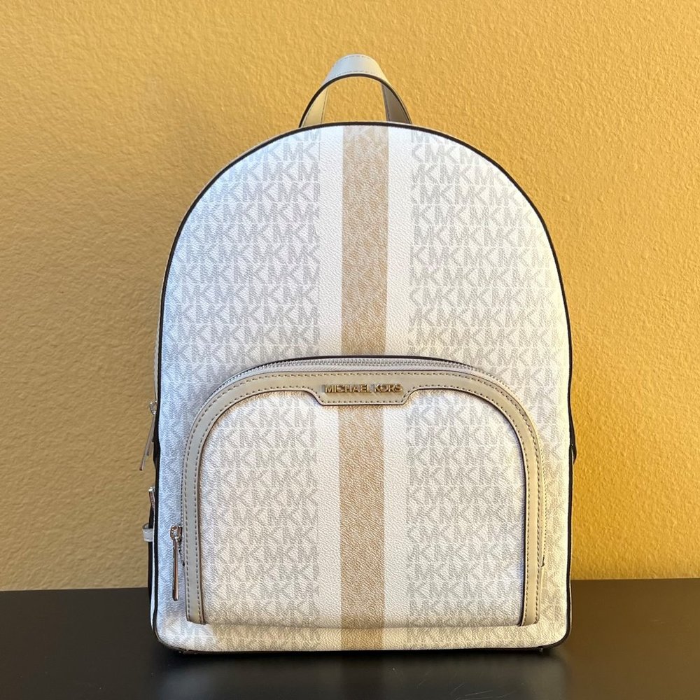Michael Kors Jaycee Large Backpack Center Stripe MK White Sand Multi